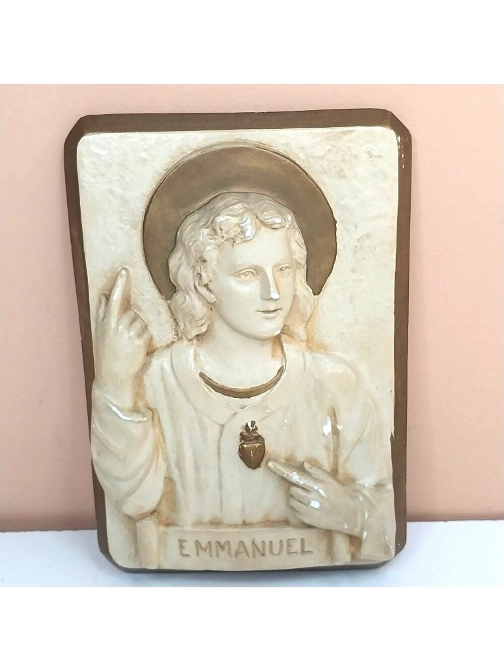 Antique Sacred Heart of Jesus Emmanuel Chalkware Wall Plaque Religious Art 5x7